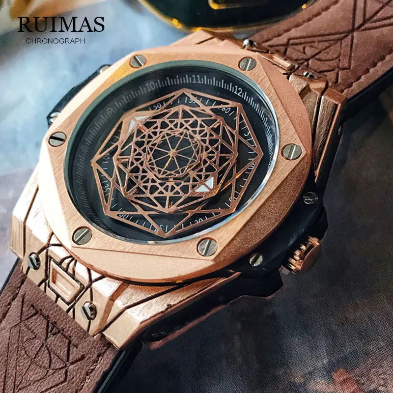

2019 RUIMAS New Fashion Mens Watches Top Brand Luxury Big Dial Military Quartz Watch Leather Waterproof Sport Chronograph Watch