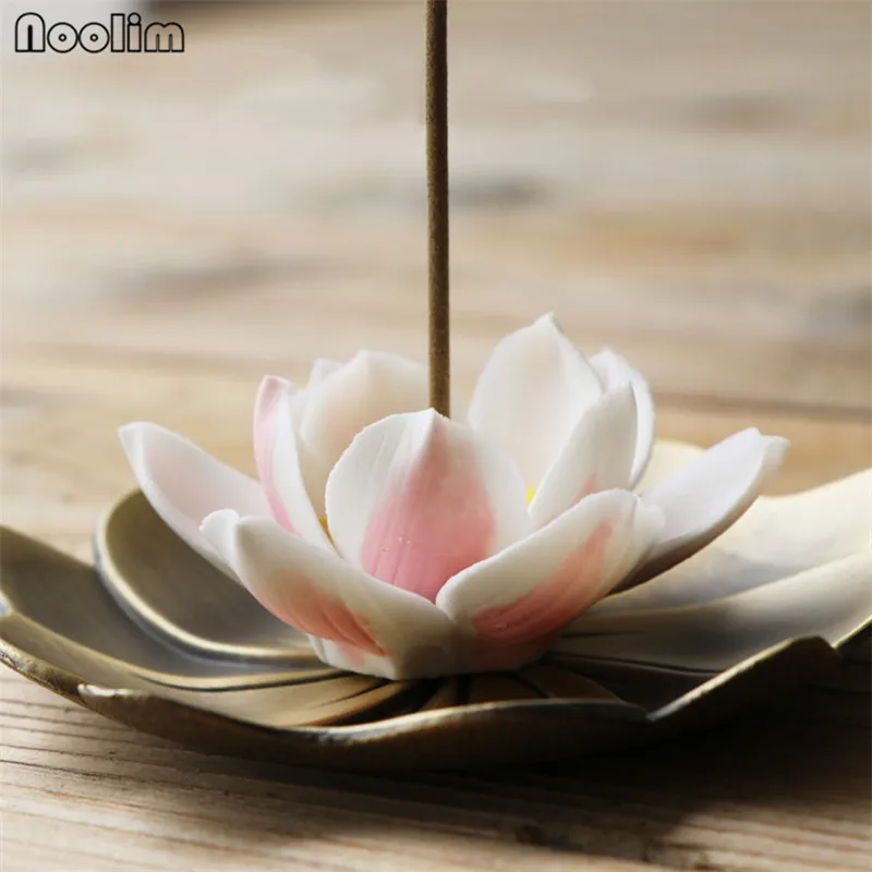 Ceramic Antique Lotus Incense Burner with Copper Incense Base Incense Stick Holder Aromatherapy Censer Home Teahouse Decor