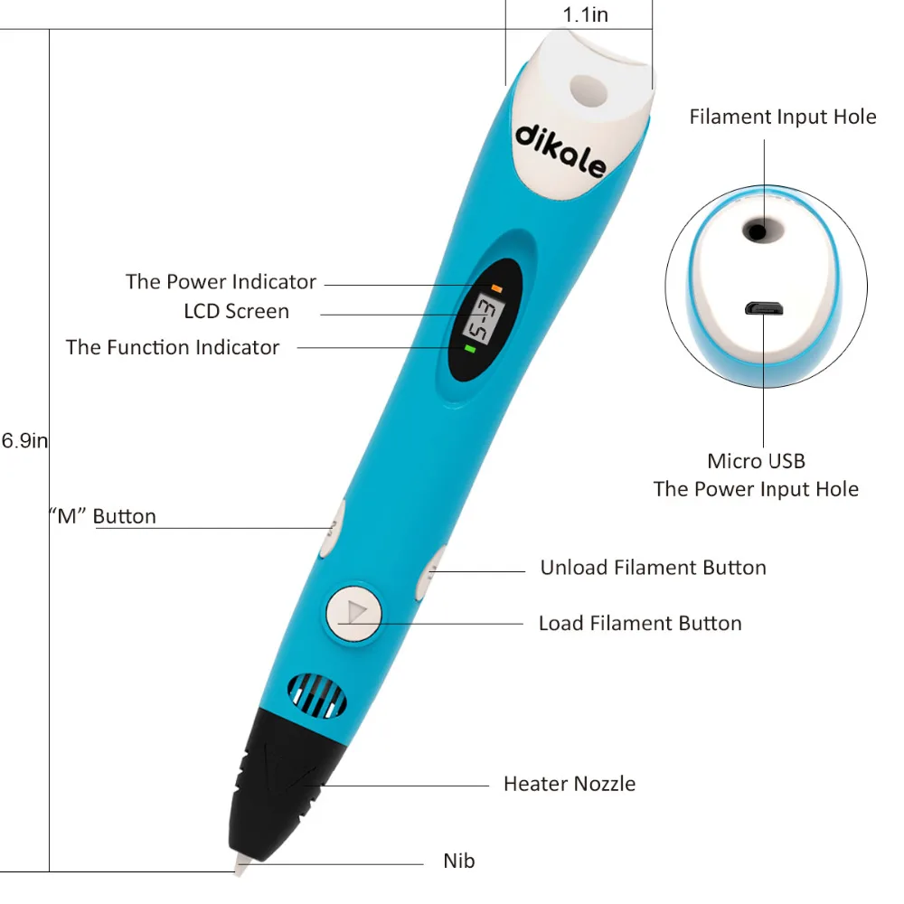 Dikale 3D Ручка для рисования 3D Ручка для рисования Синий usb зарядка тройной принтер карандаш бонусные трафареты электронная книга для детей и взрослых подарок для творчества