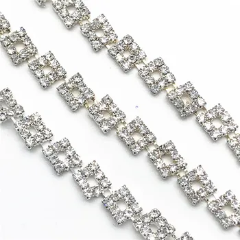 

5Yards/lot Square Patterns Silver Crystal Trimming Rhinestone Motif Trim Chain for Wedding Dress DIY Bags Headpiece Jewelry