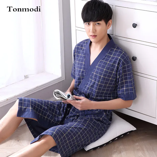 Robes Men Summer Short Sleeve Thin Cotton Robes Men Loose Bathrobes