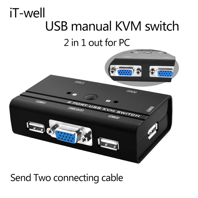 KVM переключатель 2 порта Авто VGA переключатель с USB консолью 1 комплект клавиатуры мыши управления 2 компьютера хоста с KVM кабелем