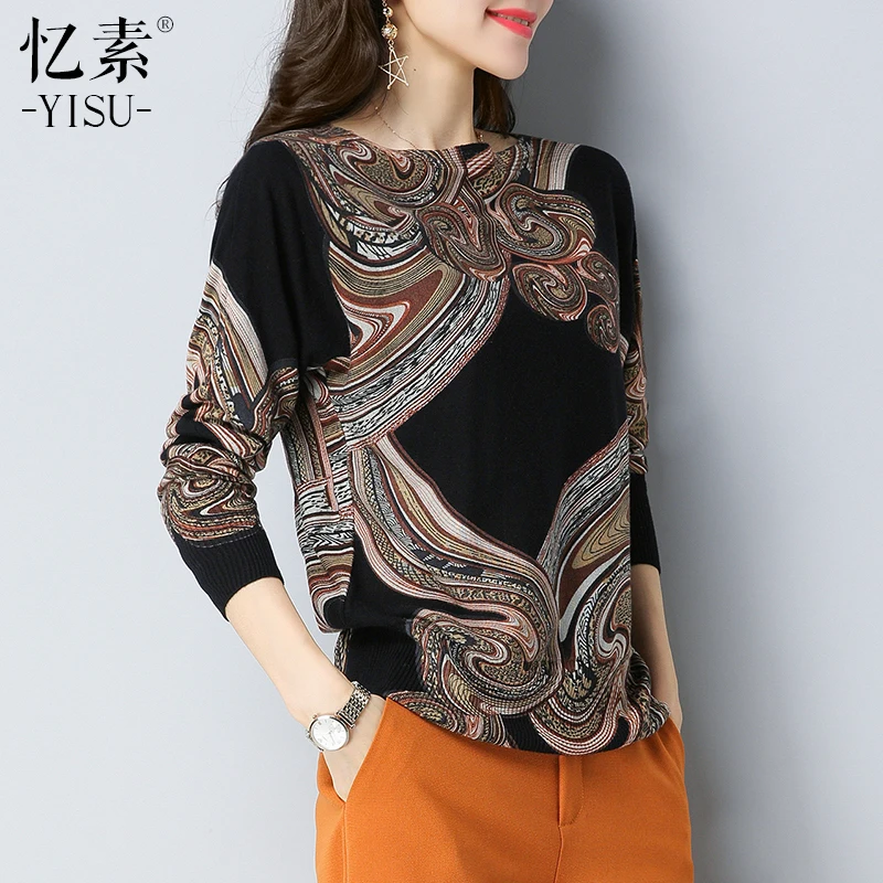

YISU Autumn Knitted sweaters Women printing Pullovers 2018 Winter slash-neck Long Sleeve Knitted Soft Pullover Female sweater