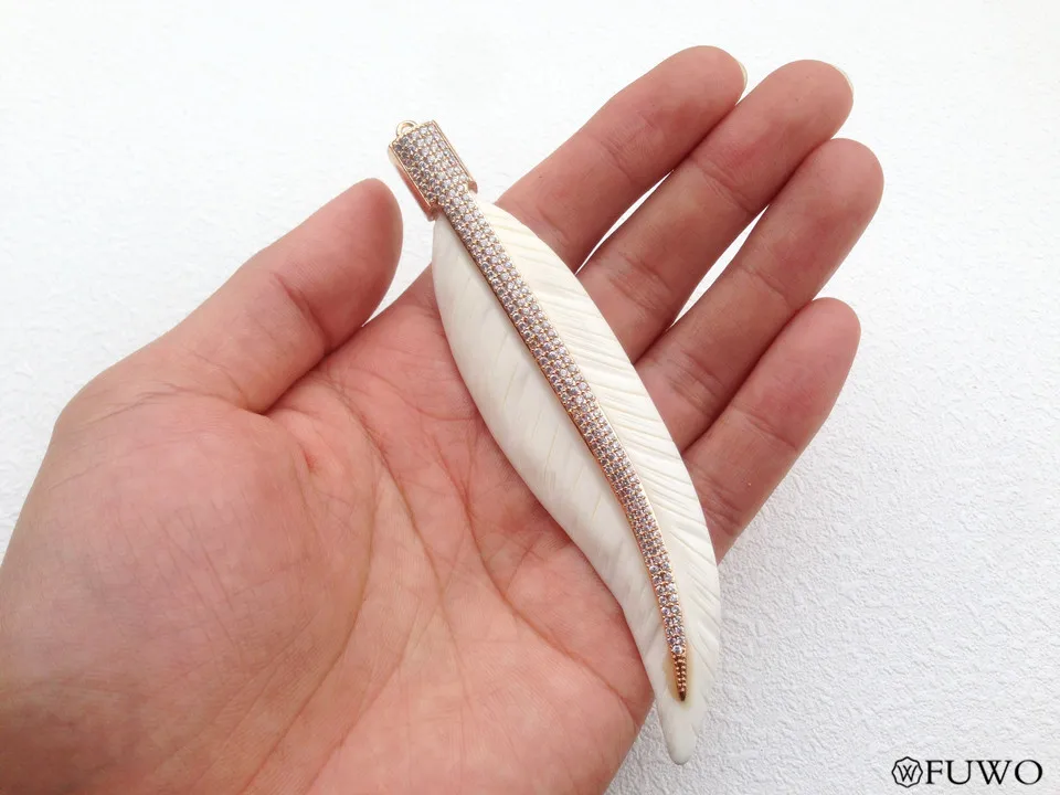 Natural Bone Carved Micro Pave Leaf Feather Pendant 11