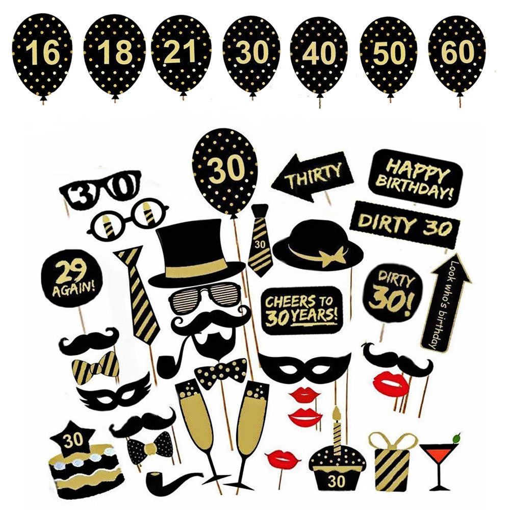 

36pcs/set 16/18/21st/30/40/50/60th Gentlemen Hat Mustache Sticks Funny Photo Booth Props Birthday Party DIY Favor Decoration