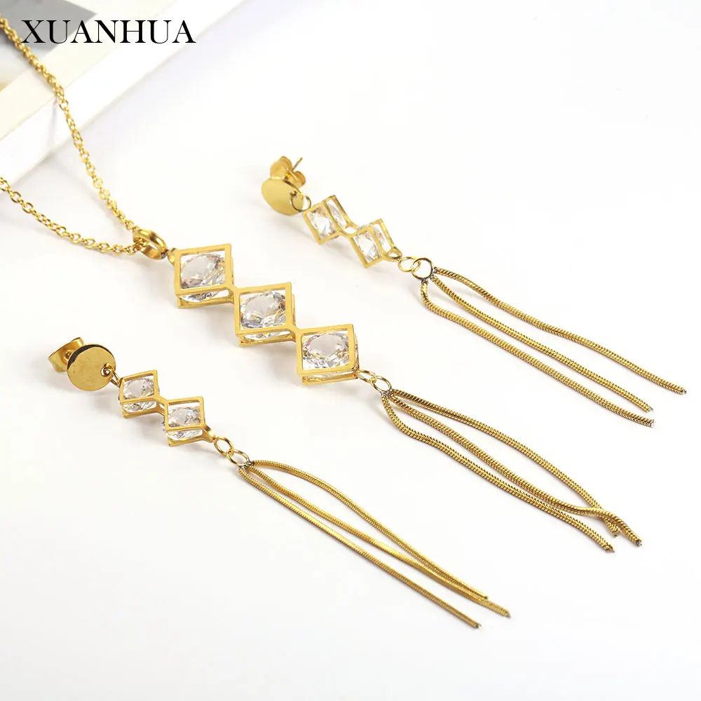

XUANHUA Stainless Steel Jewelry Woman Vogue 2019 Tassel Necklace Earrings Set Jewelry Accessories Gifts For Women Bohemian