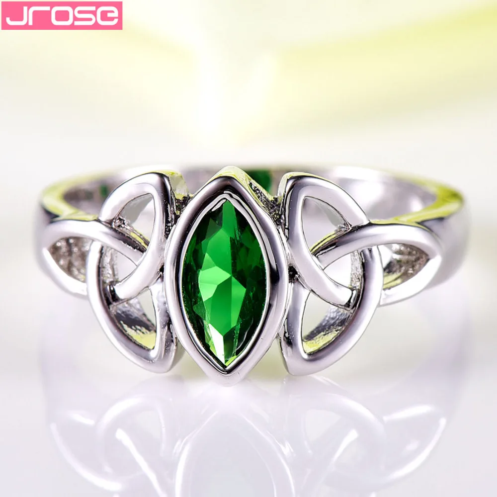 JROSE Engagement Party Green Cubic Zircon Celtic Knot Jewelry White Gold Color Ring Size 6 7 8 9 10 Anniversary Gifts For Lovers