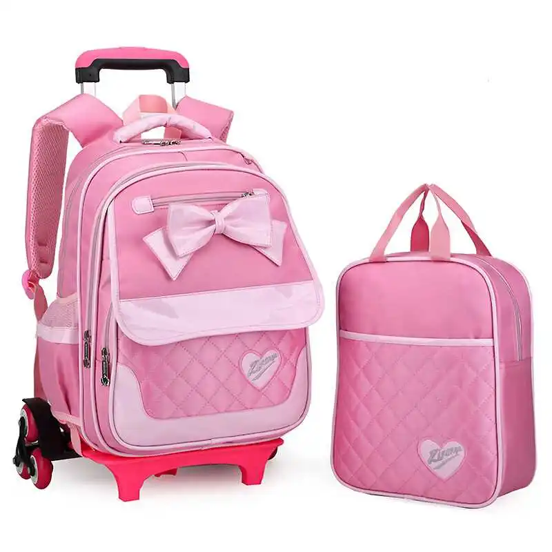 

Korean Style Children Backpack Kids Bow Cute Pink A set Detachable Trolley school bag Girls wheeled book bags Mochilas Escolares