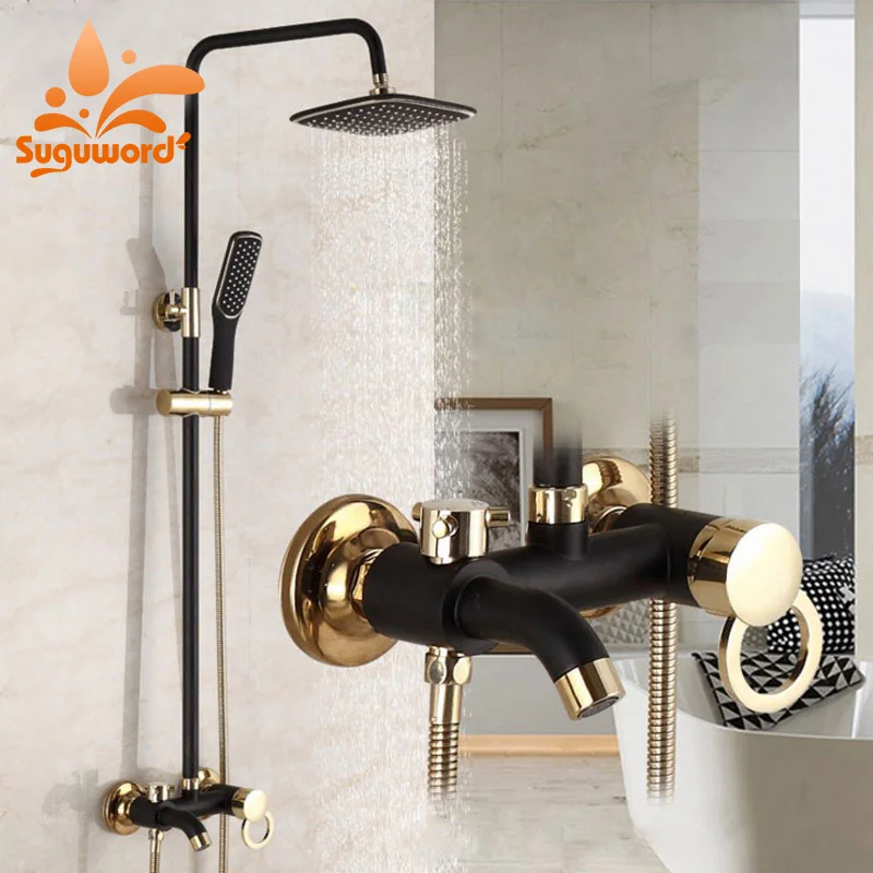 

Suguword Black plus Gold Shower Combo Set Hot and Cold Switch Shower System Mixer Taps with Tub Faucet
