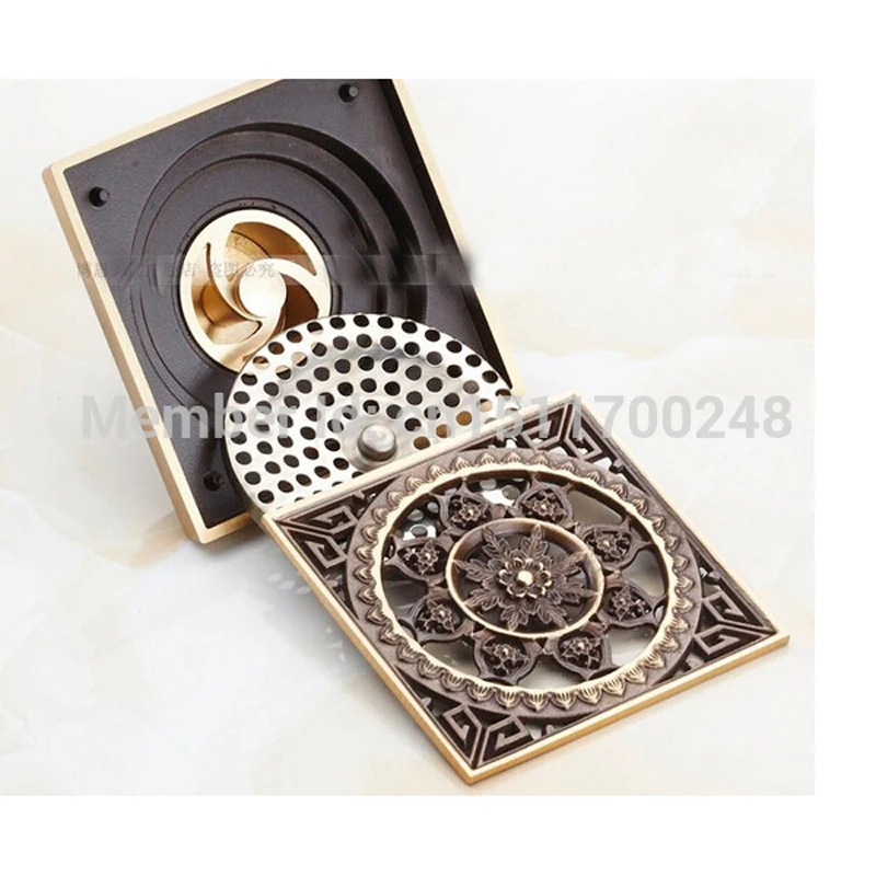 New-Antique-Brass-carving-flower-Art-Bathroom-4-square-Floor-Drain-Waste-Drain (1)