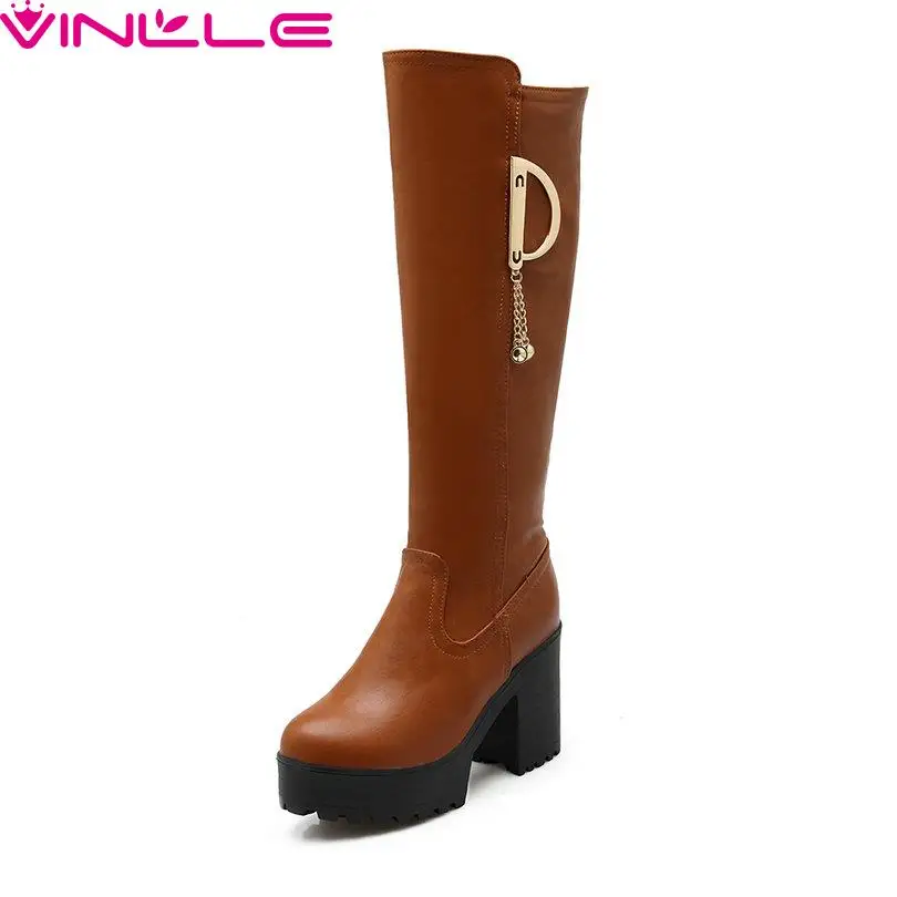 

VINLLE Women Boots Chains Square High Heel Miss Boots Slip On Round Toe Platform Knee High Short Plush Winter Shoe Size 33-43