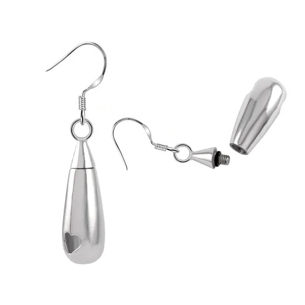 

IJE8023 316L Stainless Steel Water Drop Urn Earrings Silver Hollow Heart Wholesale Memory Cremation Earrings for Pet Ashes