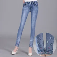 Вышитые Алмазные Джинсы Женские Тонкий Стрейч Тощий Denim Брюки Карандаш Большой Размер Манжеты Женщины Брюки L532