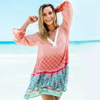 

Beach Dresses Robe Plage Bathing Suit Cover Ups Swimming For Women 2019 Loose Big Yards Smock Outside Upper Garment Print