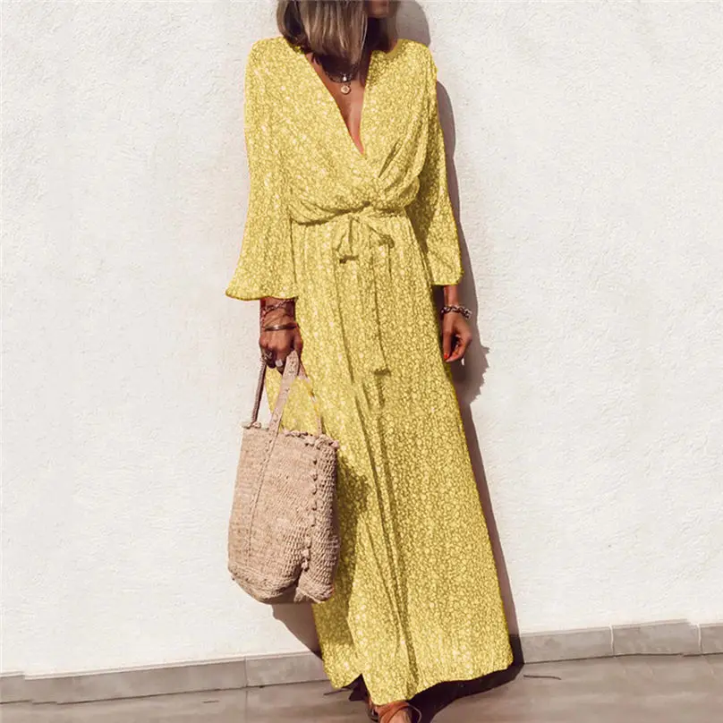 Fashion Women V-Neck Long Dress 2019 Flare Sleeve Elegant Bohemia Floral Print Bow Bandage Maxi Dress Vestidos Plus Size 3Y22 (4)