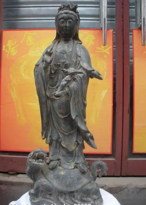 

25"China Rare Buddhism Temple old Bronze Kwan-Yin on Dragon Turtle Statue