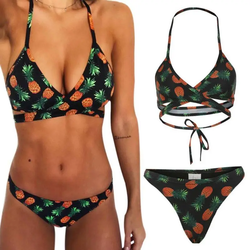 Women Sexy Push Up Bikini Sets Back Tie Up Pineapple Fruit Print Two Piece Swimsuits Summer Beach Sex Bikini