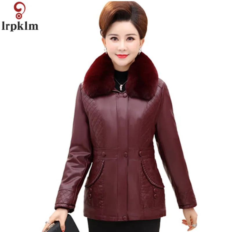 Middle Aged Women Winter Leather Jacket Short Padded Coat Artificial Fur Collar Jackets For Old 2018 New CH741 | Женская одежда