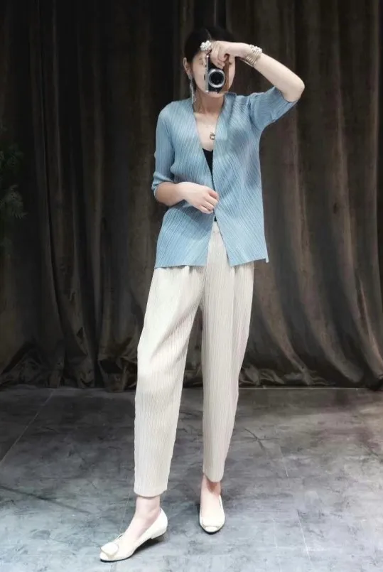 light blue Miyake новые складки soild Половина рукава v-образным вырезом одной кнопки Тонкий пальто - Цвет: light blue