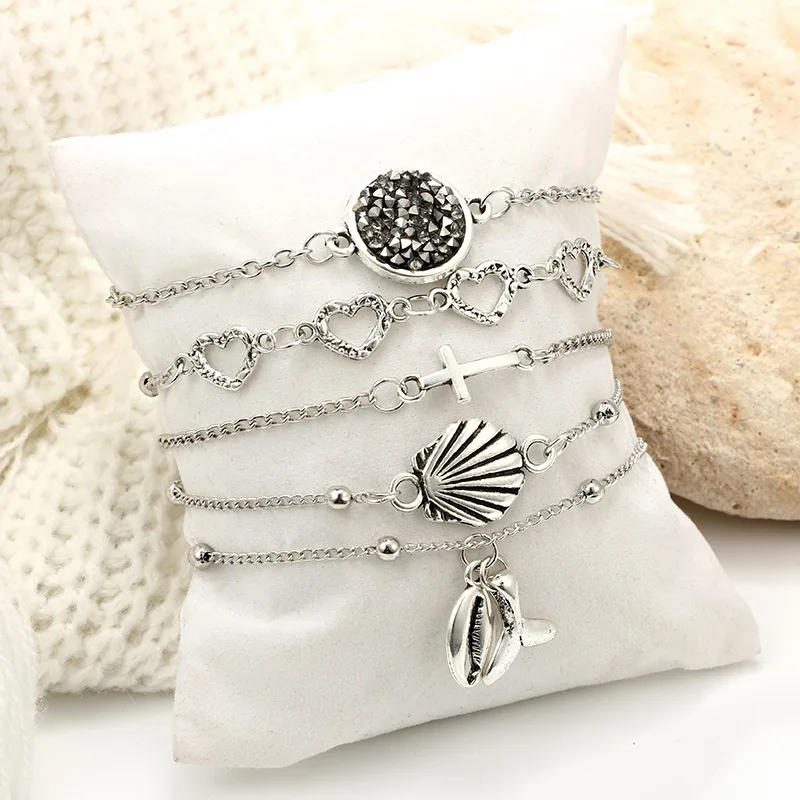 Новый 5 шт./компл. богемный Strand браслеты для женщин античный серебряный цвет кристалл сердце в виде ракушки браслеты с подвесками браслеты