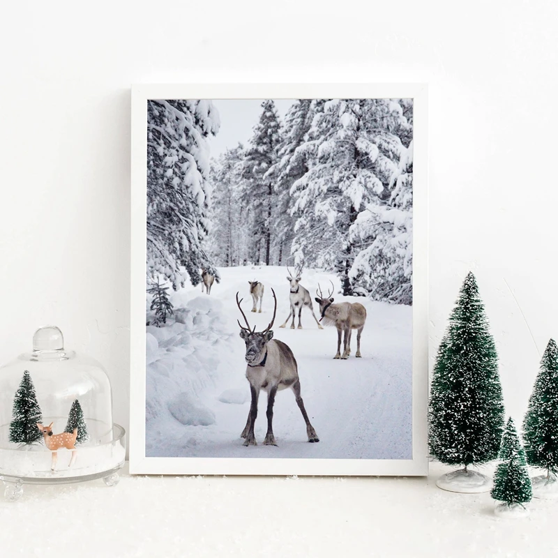 

Reindeer Poster Print Winter Wall Art Canvas Painting Nordic Christmas Snow Covered Trees Picture Home Decor Scandinavian Art