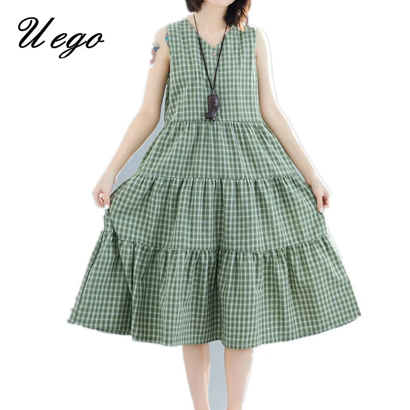 

Uego Sleeveless Loose Summer Dress Cotton Linen Print Plaid Korea Design Preppy Style Dress V-neck Women Beach Casual Midi Dress