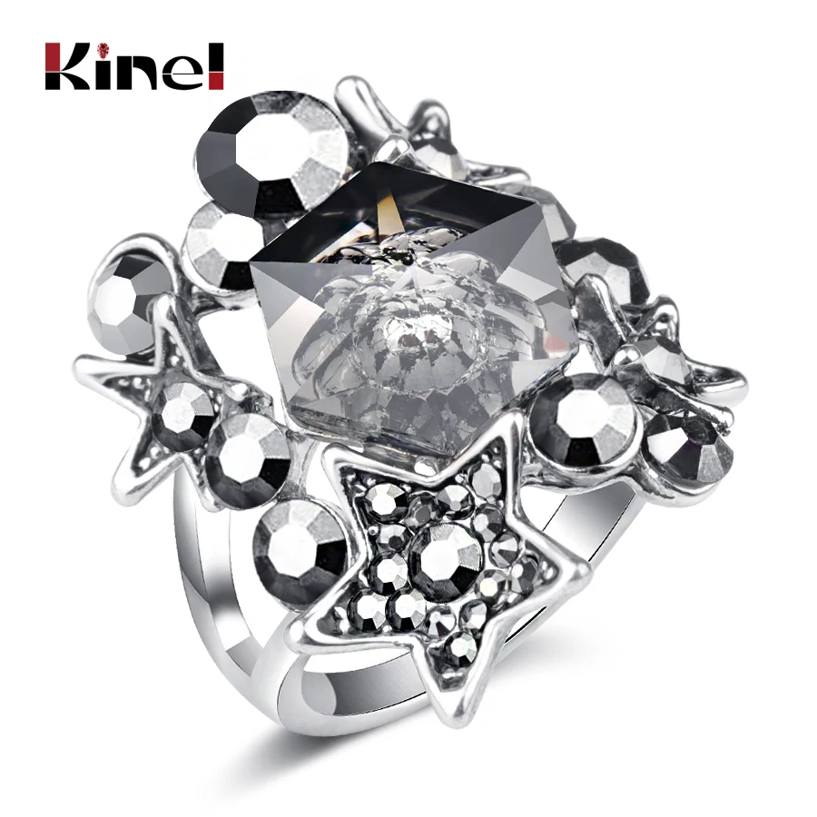 

Kinel Unique Punk Rock Ring Antique Silver Geometric Crystal Star Element Rings For Women Vintage Wedding Jewelry Accessories