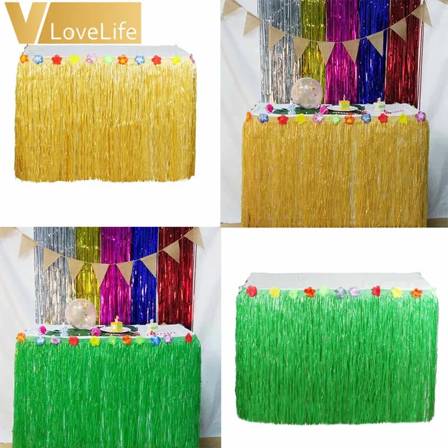Hibiscus Artificial Grass Table Skirt for Hawaiian Party Decorations