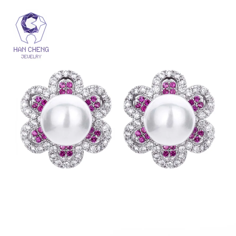 

HanCheng New Fashion Luxury Silver Plated Nail Zircon CZ Gem Stone Pearl Flower Stud Earrings For Women Jewelry brincos bijoux