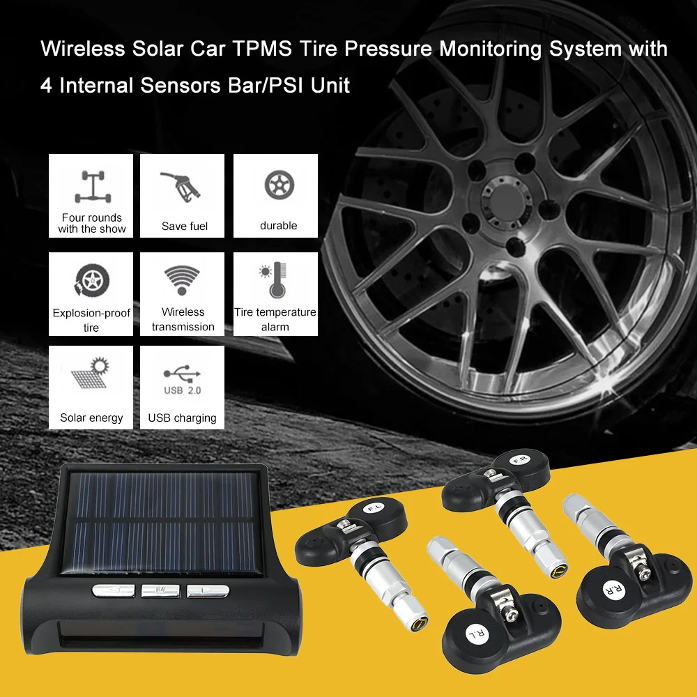Универсальный беспроводной солнечный автомобиль TPMS система контроля давления в шинах бар/PSI блок с 4 внутренними/внешними датчиками опционально