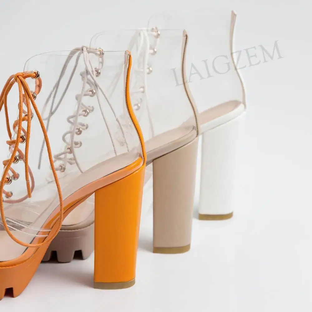 LAIGZEM FASHION Women SUMMER Transparent Clear Ankle Boots Chunky Heels Short Boots Ladies Botines Mujer Small Big Size 33-41 (7)