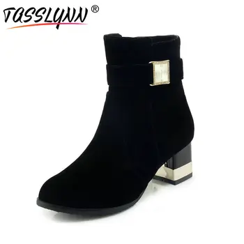 

TASSLYNN 2019 Women Winter Boots Square Heels Velvet Ankle Boots Round Toe Western Style High Heels Women Shoes Size 34-43