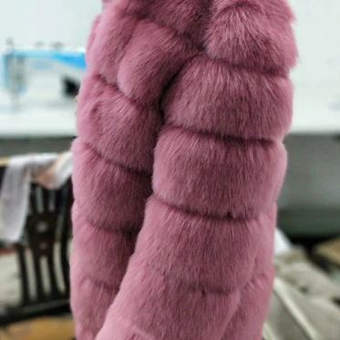 Rubber Red Savabien/ зимнее модное пальто из искусственного лисьего меха, женские роскошные толстые теплые меховые куртки и пальто с воротником-стойкой, розовый мех - Цвет: Rubber Red