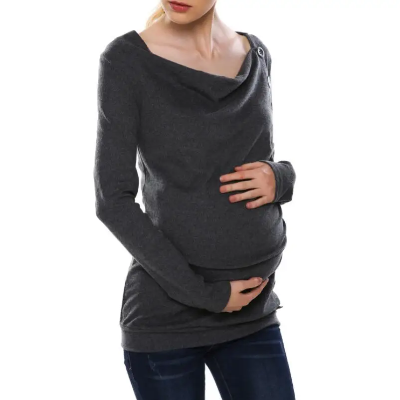 Image Fashion Pregnant Maternity T Shirts Grey Black Dark Blue Long sleeved piles Collar Breasted Pregnant Mother s Tees