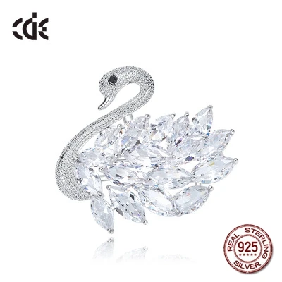 

100% S925 Sterling Silver Cute Swan Rhinestone Crystals from Swarovski Brooches for Women Valentine's Day Gift Accessories