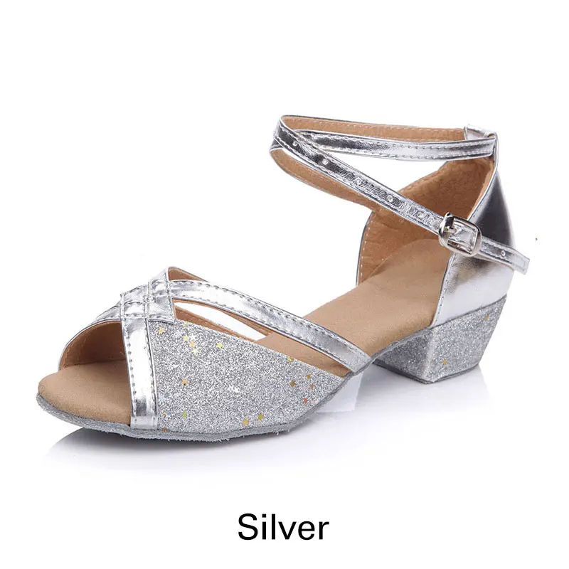 Детская обувь для латинских танцев; женская Обувь для бальных танцев, танго, латинских танцев, сальсы; Танцевальная обувь для девочек с серебряными и золотыми блестками на низком каблуке - Цвет: Silver
