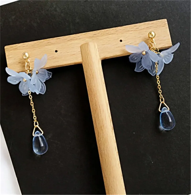 blue Модные серьги с кисточками, акриловые белые цветы, серьги-гвоздики для девочек, популярные серьги с кристаллами для женщин, ювелирные изделия, акриловые серьги - Окраска металла: blue