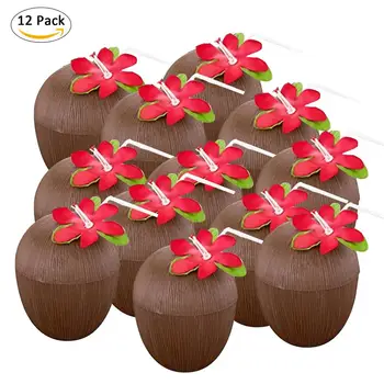 

12 Pcs Plastic Coconut Cups For Fun Hawaiian Parties Comes With Straw And Flower for Beach Theme Party Supplies