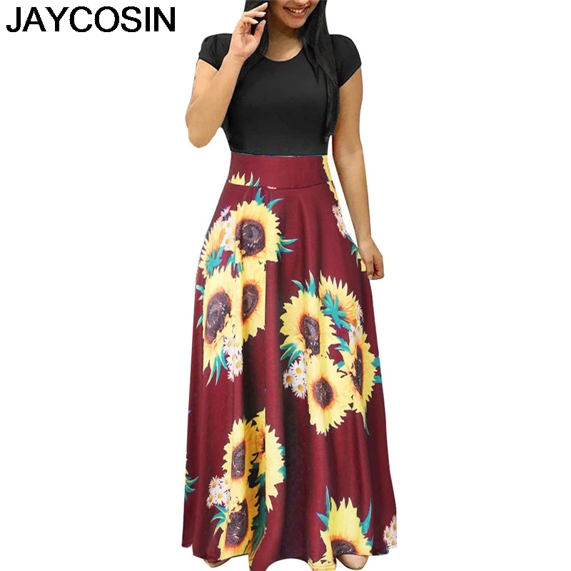 JAYCOSIN женское платье модное летнее с коротким рукавом Сарафан с принтом подсолнуха Повседневное платье макси платье длиной до щиколотки je12