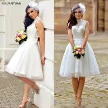 Винтажные кружевные свадебные платья трапециевидной формы, короткие пляжные свадебные платья в стиле бохо, свадебные платья с высоким воротом и молнией сзади длиной до колена