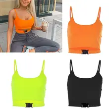 Женский летний сексуальный укороченный топ на бретельках с вырезами и пряжкой, флуоресцентный яркий однотонный топ, повседневная майка для бега