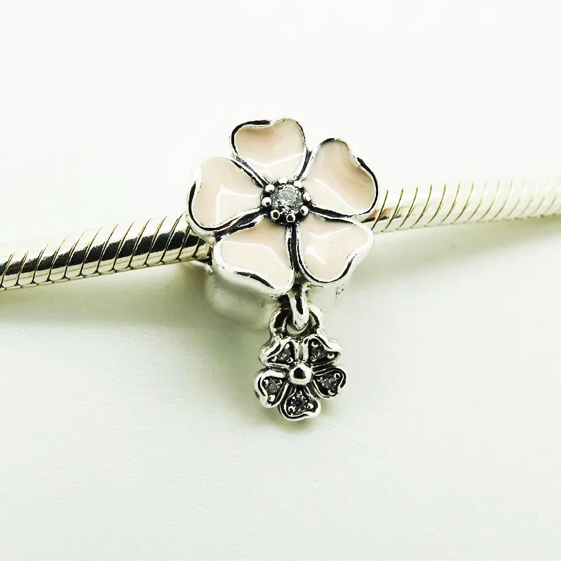 Silver Poetic Blooms With Soft Pink Enamel And Clear Cz Beads 925 Fits Charm Bracelet DIY Jewelry FL352 | Украшения и аксессуары