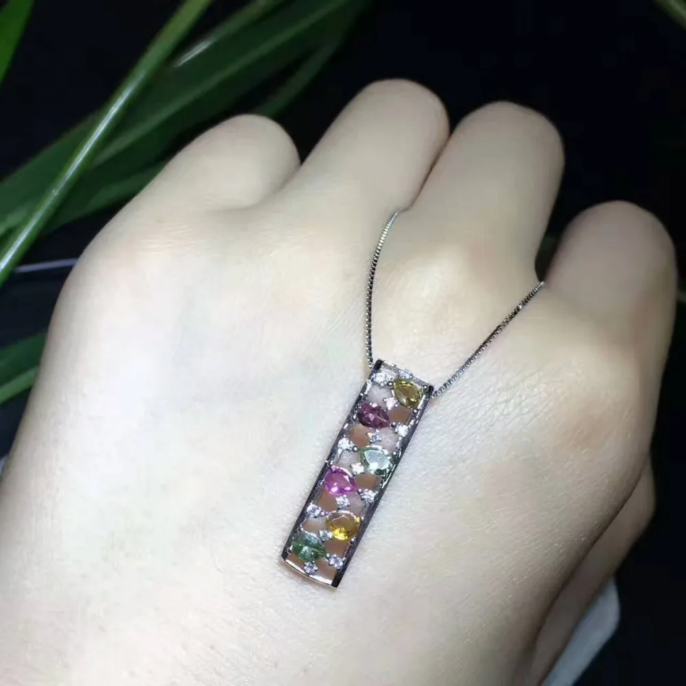  Naturel multicolore tourmaline pendentif naturel pierre gemme pendentif collier 925 argent mode rec