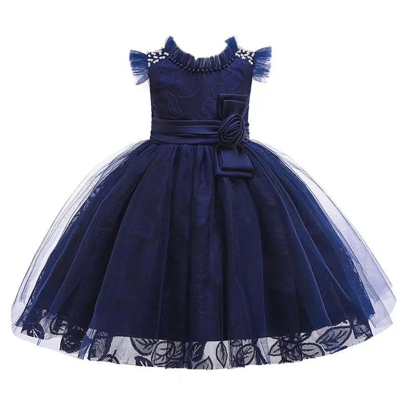 Navy blue Элегантное платье с вышивкой для девочек; платье с цветочным узором для девочек на свадьбу; Детские платья для девочек на день рождения; платье принцессы; детская одежда; Vestido - Цвет: Navy blue