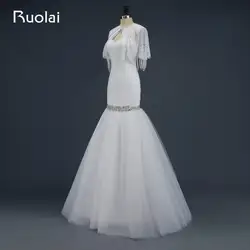 Настоящее 2019 Сексуальная Милая Тюль оборками Русалка свадебное платье с обертывания бисером свадебное пальто невесты Vestido de Novia WED2