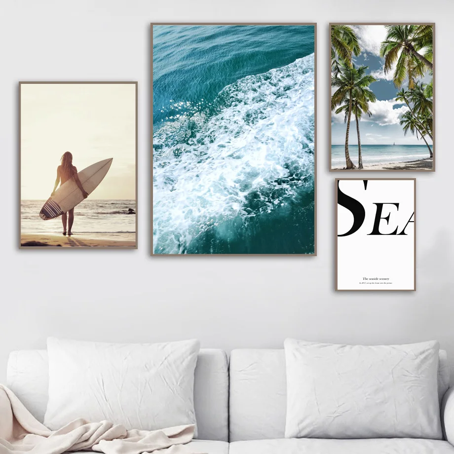 Девушка доска для серфинга морской пляж Пальма стены Искусство Холст Живопись скандинавские плакаты и принты настенные картины для гостиной домашний декор