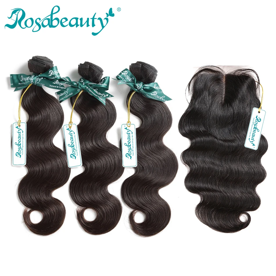 

Rosabeauty Unprocessed Virgin Hair Bundles With Closure 3 Bundles Body Wave 100% Brazilian Human Hair Weaves Total 4Pcs/Lot