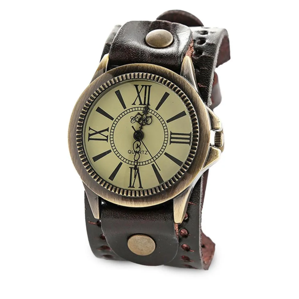 

Luxury Men Watch Punk Rock Brown Big Wide Leather Cuff Bracelet WristWatch Retro Roman Scale Leather Band Strap Quartz Watch