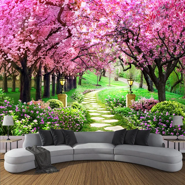 Custom Photo Wallpaper Flower Cherry Blossom Tree Small Custom Photo Wallpaper Flower Cherry Blossom Tree Small Road Wall Mural Wallpapers For Living