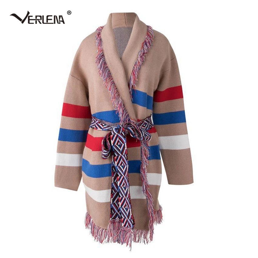

Verlena 2019 Warm Block Stripe Thick Cardigan with Sash Winter Sweater Women Knitted Oversized Fringe Long Sweaters Cardigans